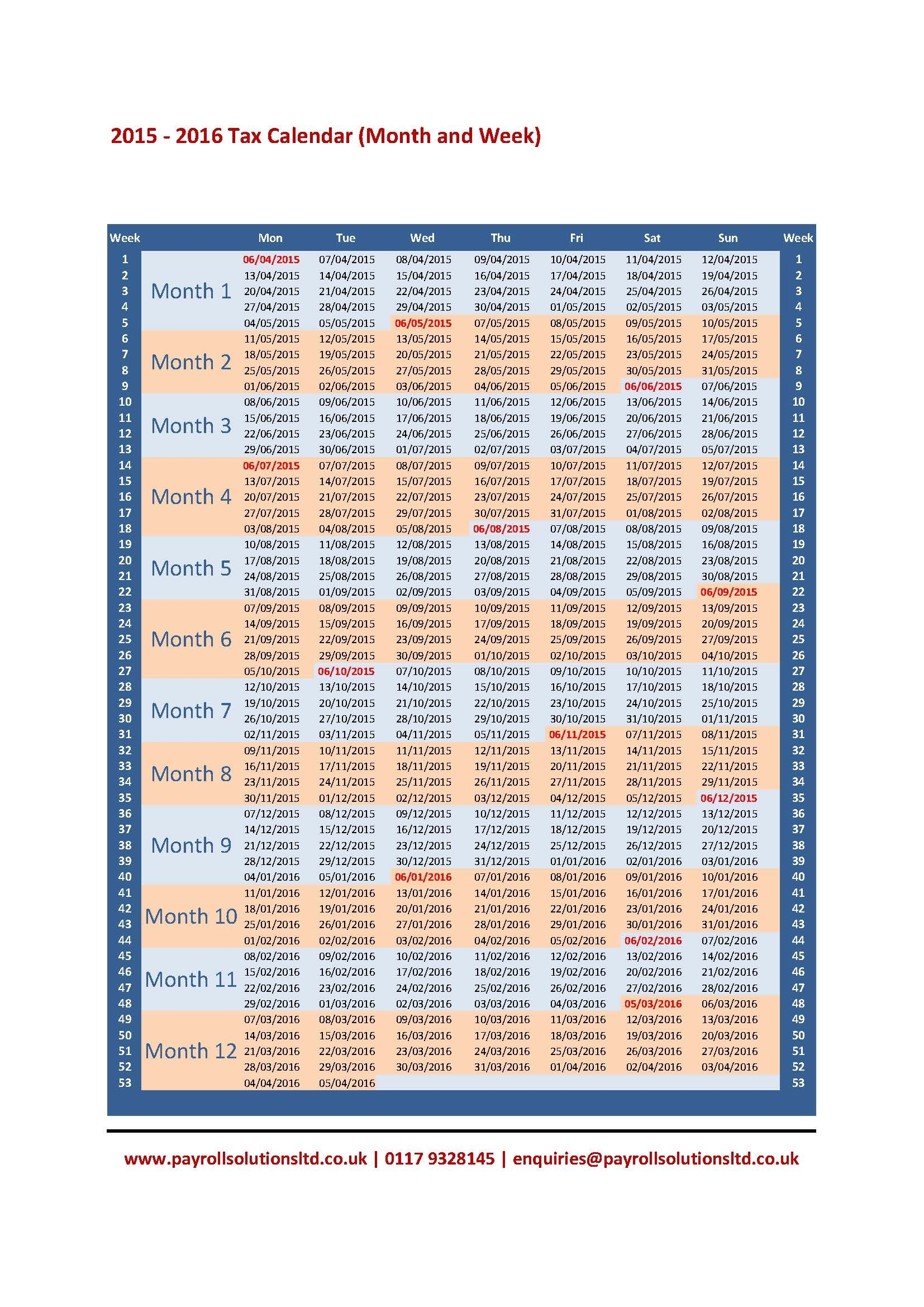 2015 - 2016 Tax &amp; Week Calendar -