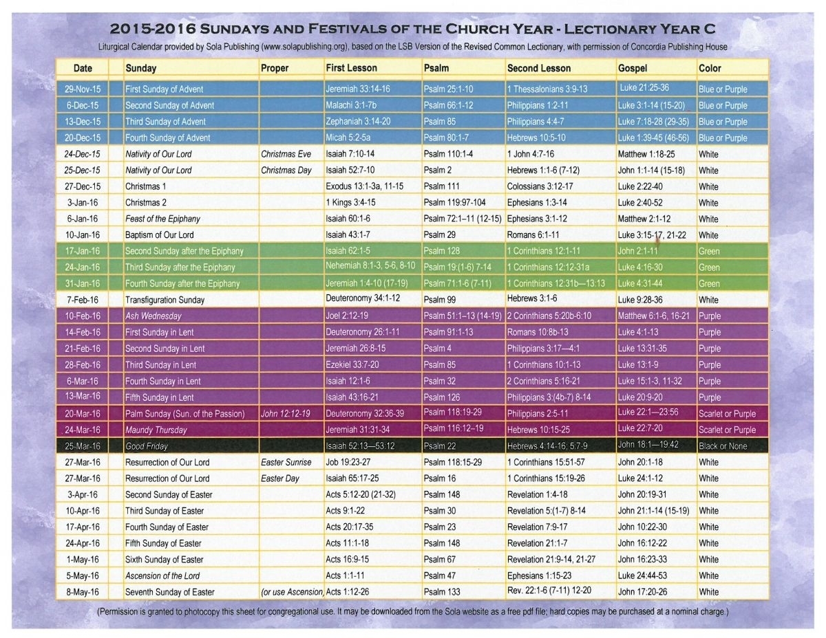 2016 Liturgical Calendar (Year C 2015-2016) K-2016 | Sola