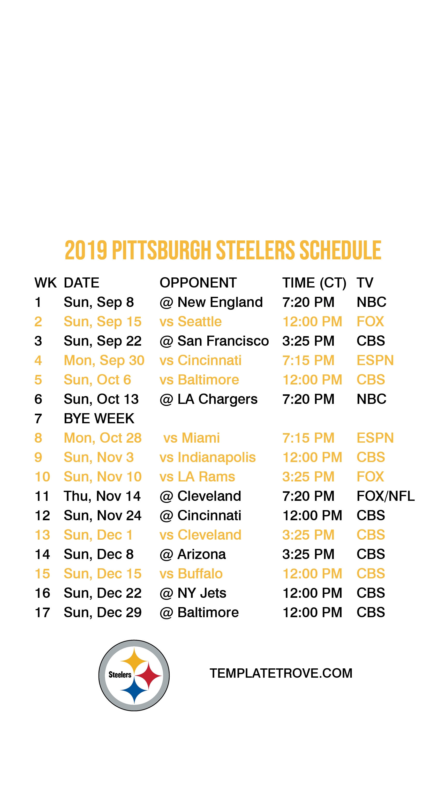 2019-2020 Pittsburgh Steelers Lock Screen Schedule For