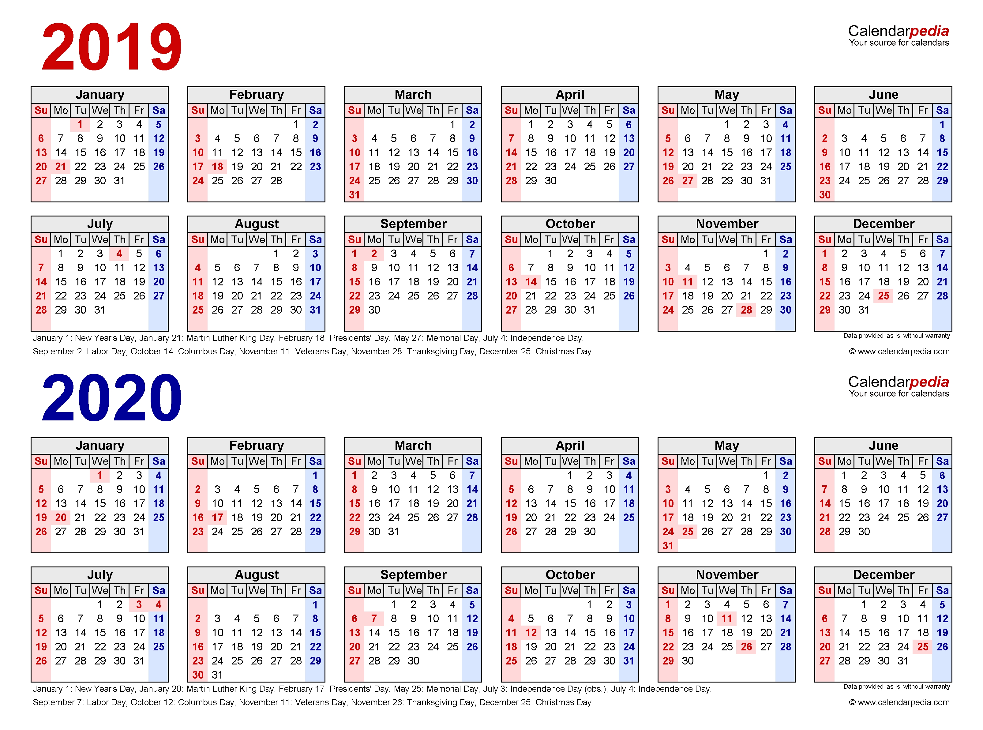 2019-2020 Two Year Calendar - Free Printable Pdf Templates