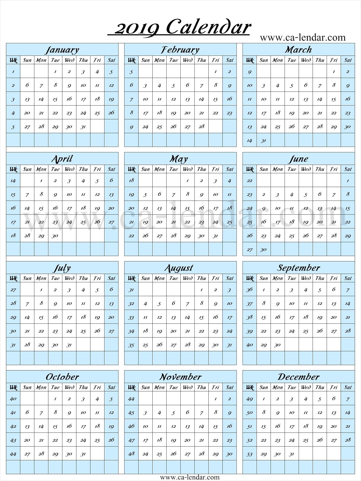 2019 Calendar With Week Numbers Printable | Calendar With