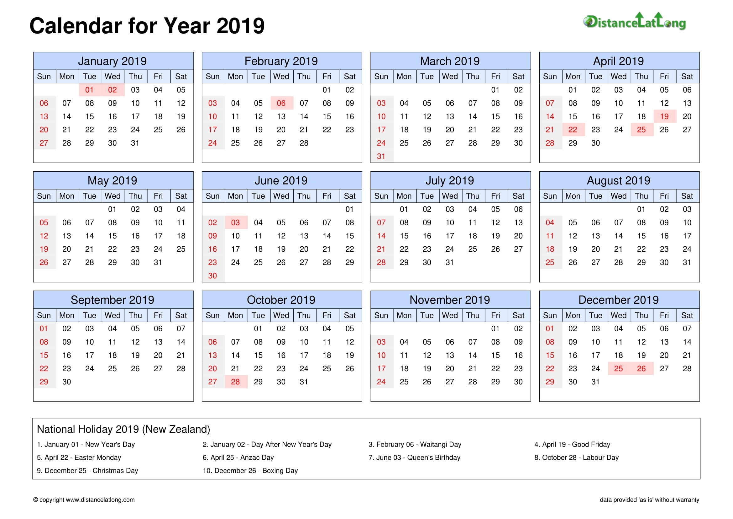 2019 Holiday Calendar Landscape Orientation Free Printable
