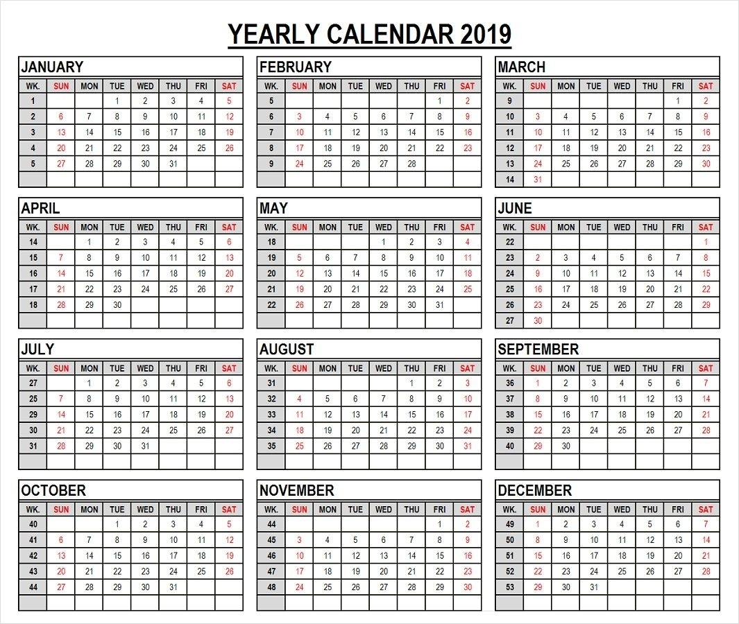 2019 Year Calendar In Weeks Template (With Images