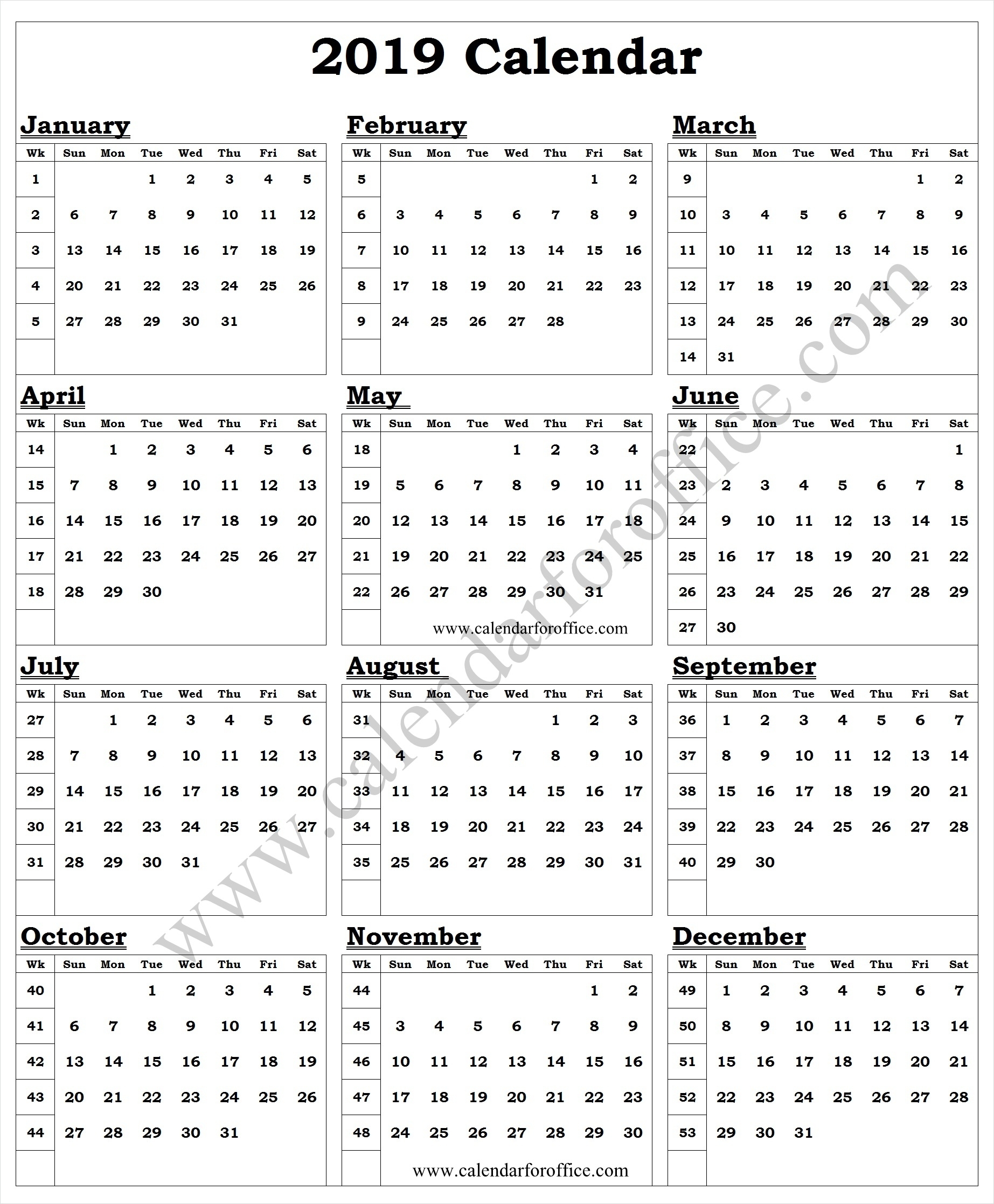 2019 Year Calendar With Week Numbers Printable Template