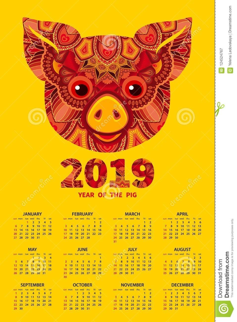 2019 Year Of The Pig Calendar Stock Vector - Illustration Of