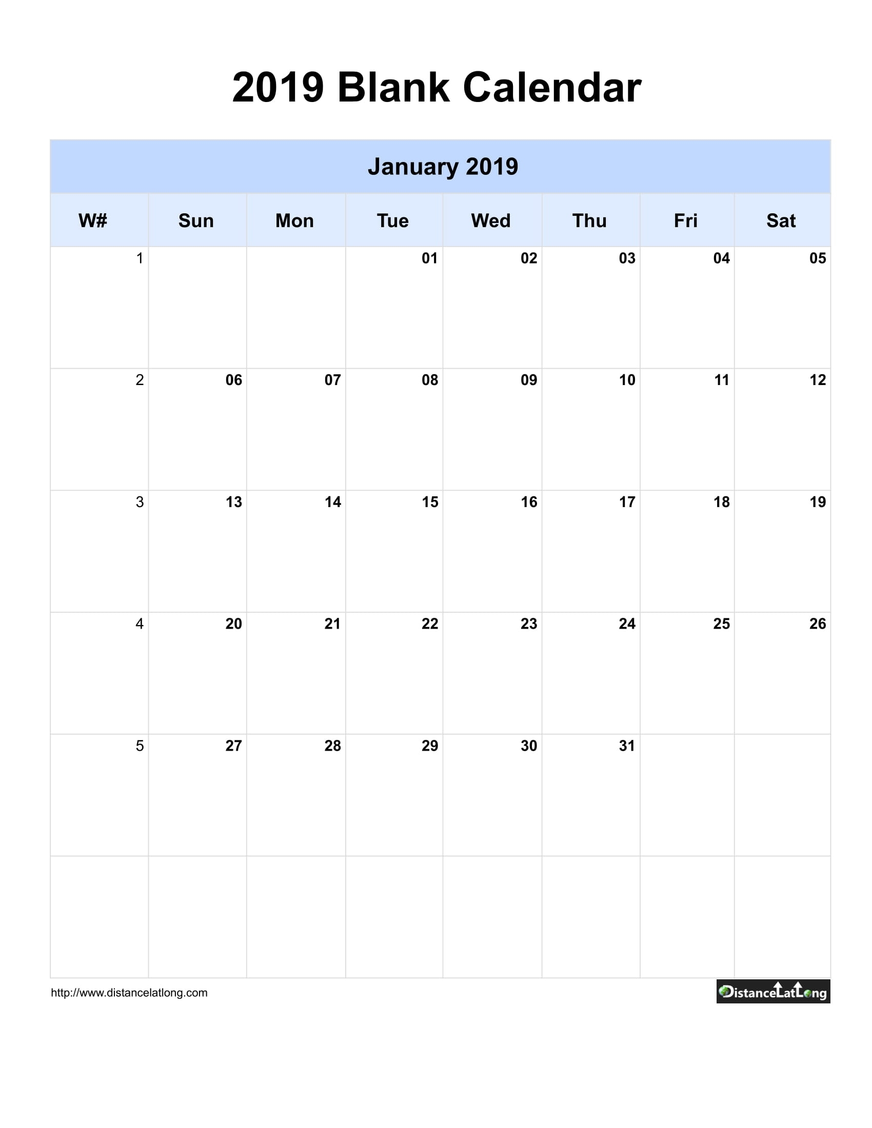 2019 Yearly Blank Calendar Yearly Blank Portrait Orientation