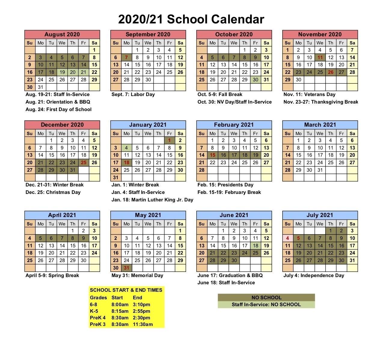2020-2021 School Calendar | Lake Tahoe School