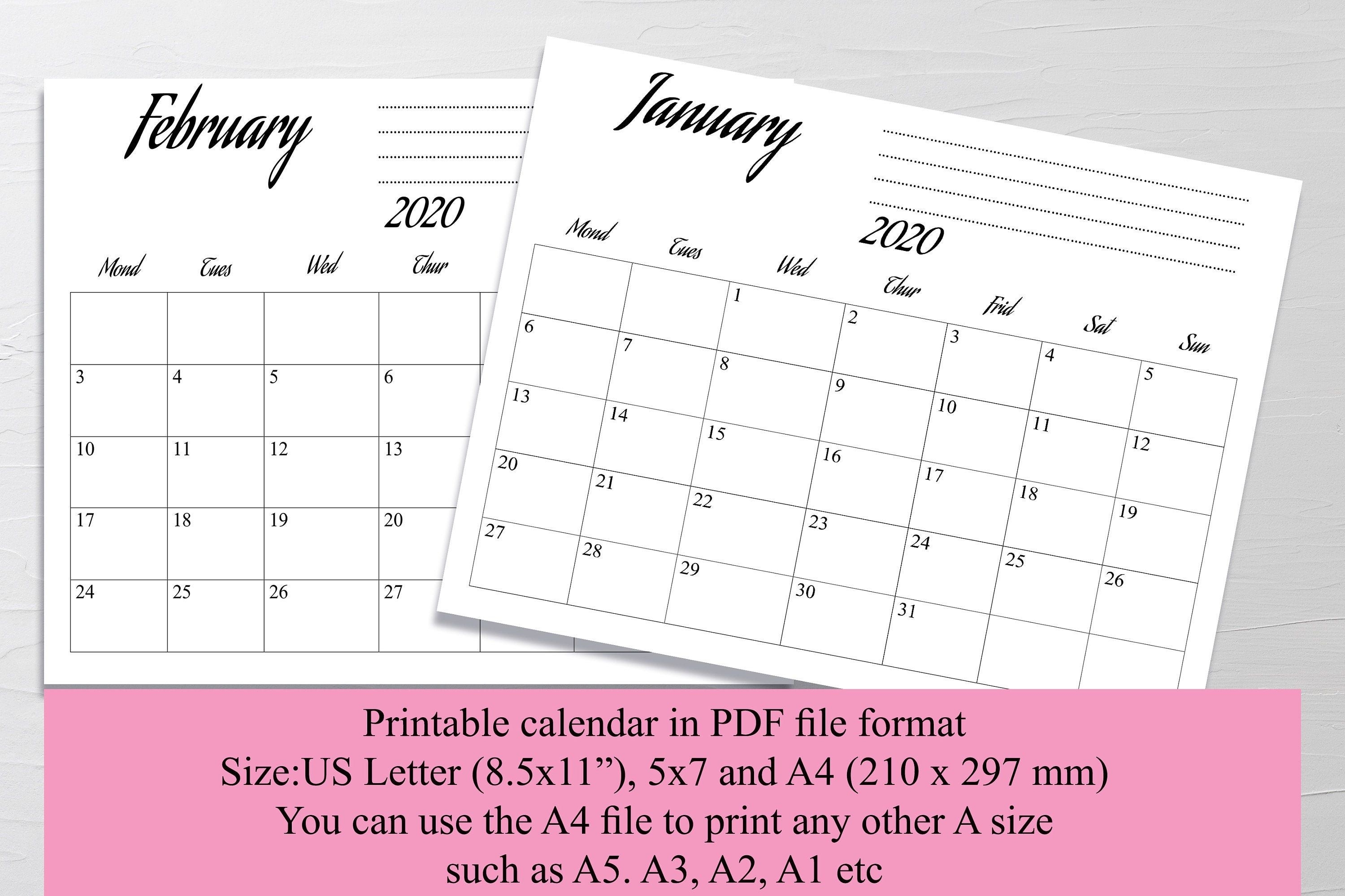 2020 Calendar Digital Download Pdf, Horizontal Calendar