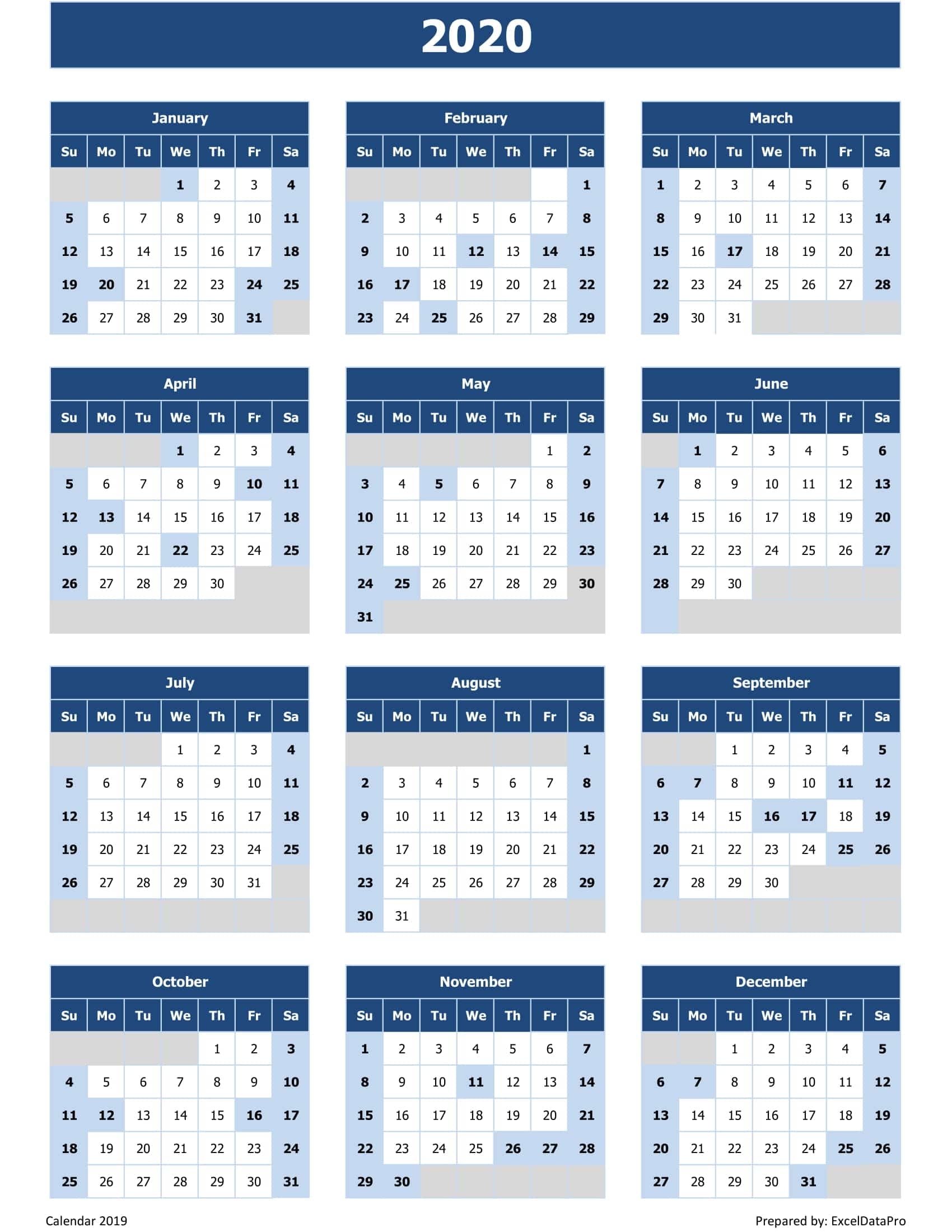 2020 Calendar Excel Templates, Printable Pdfs &amp; Images