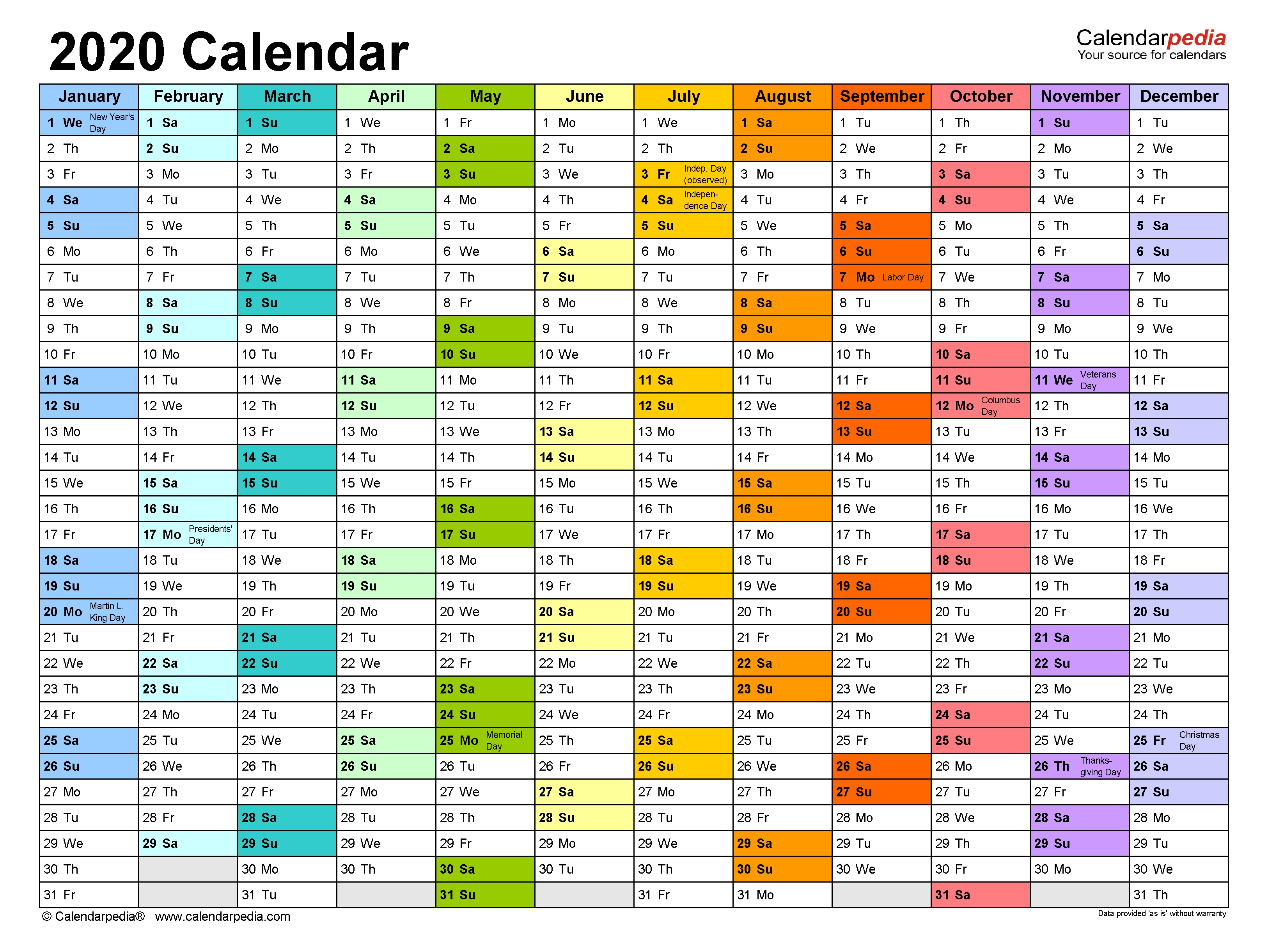 2020 Calendar - Free Printable Microsoft Excel Templates