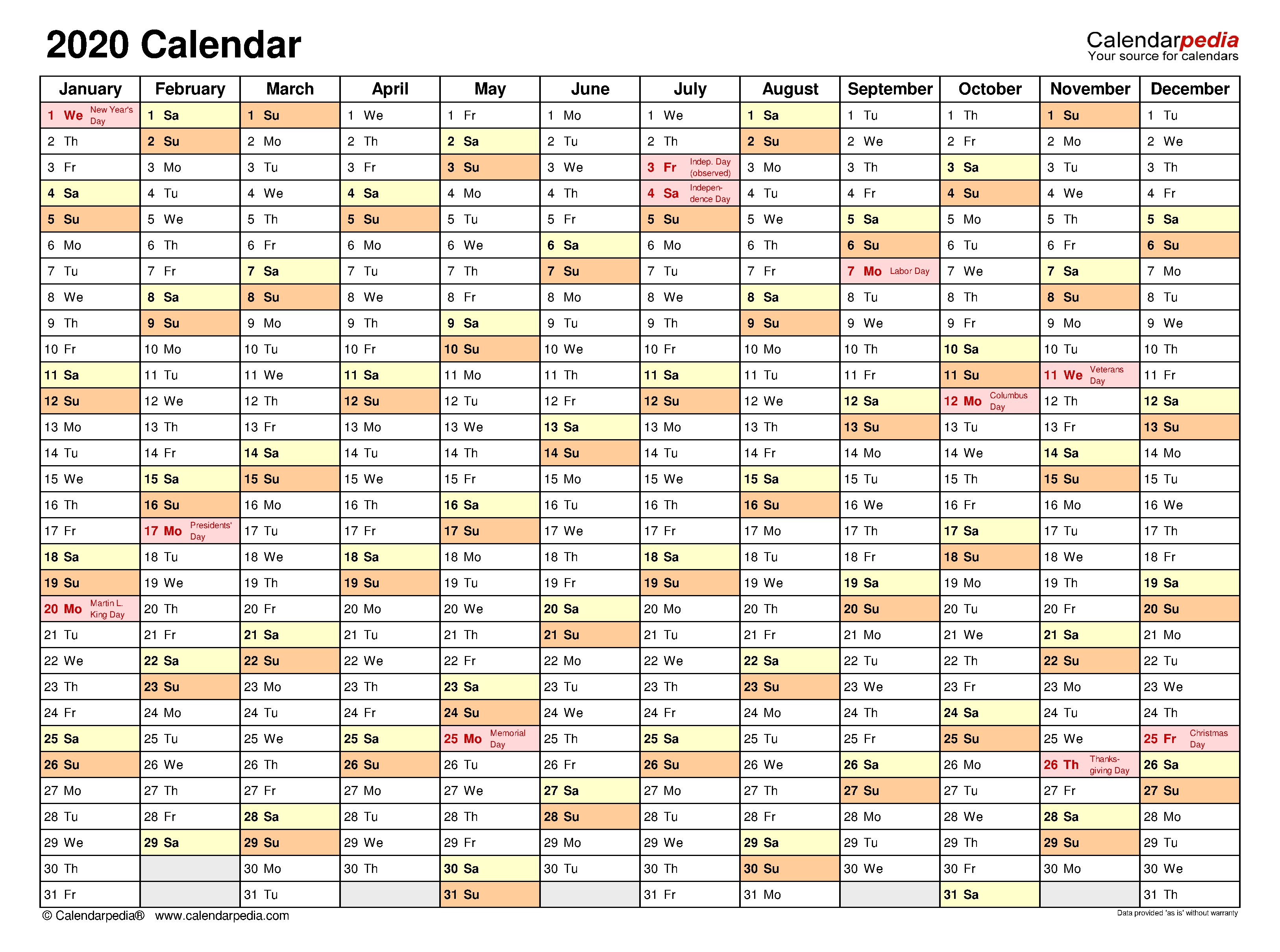 2020 Calendar - Free Printable Microsoft Excel Templates