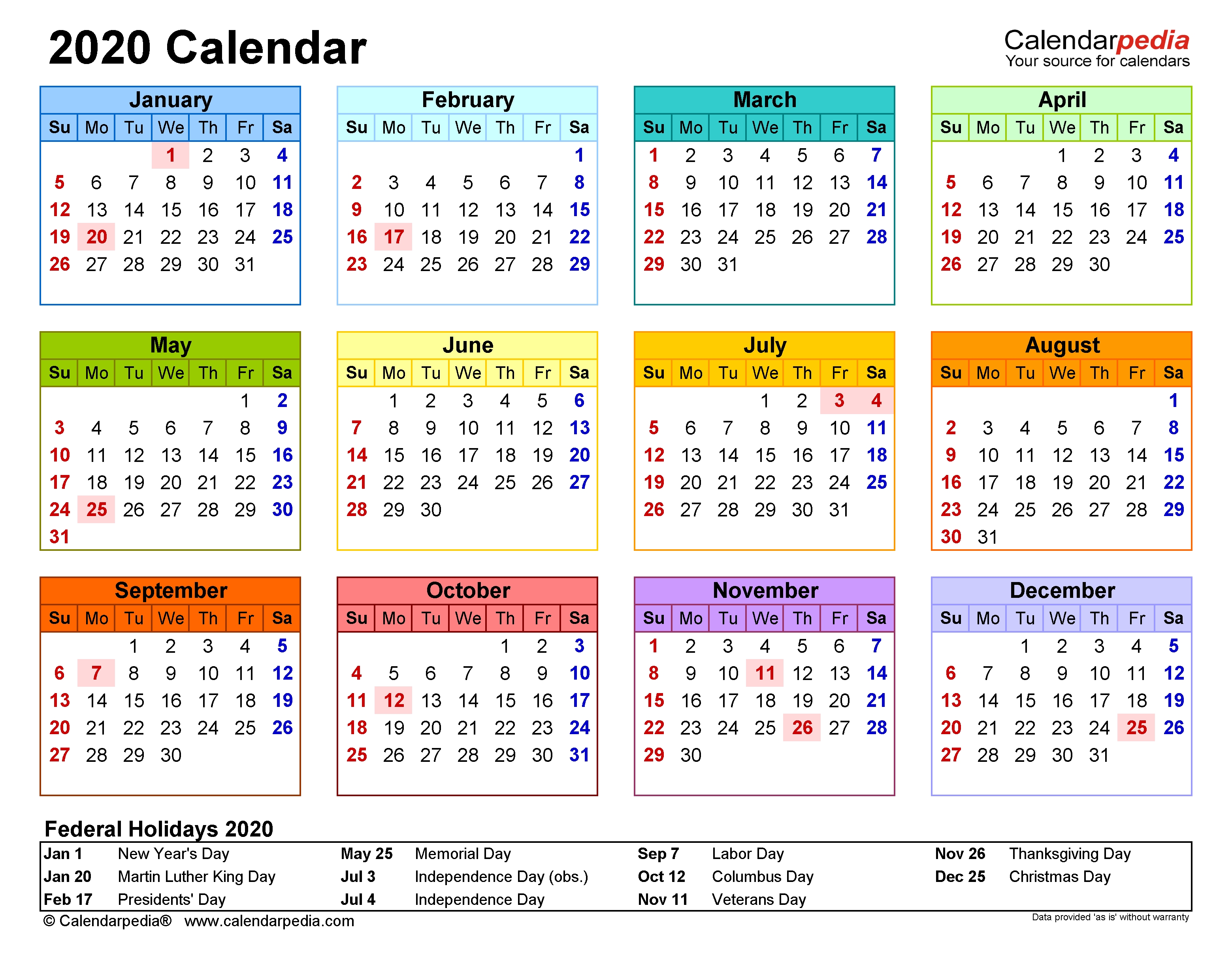 2020 Calendar - Free Printable Microsoft Word Templates