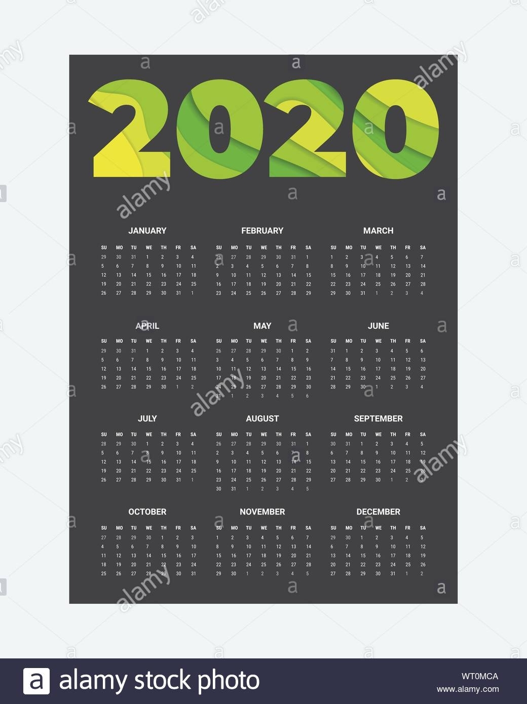 2020 Calendar - Illustration. Template. Mock Up Week Starts