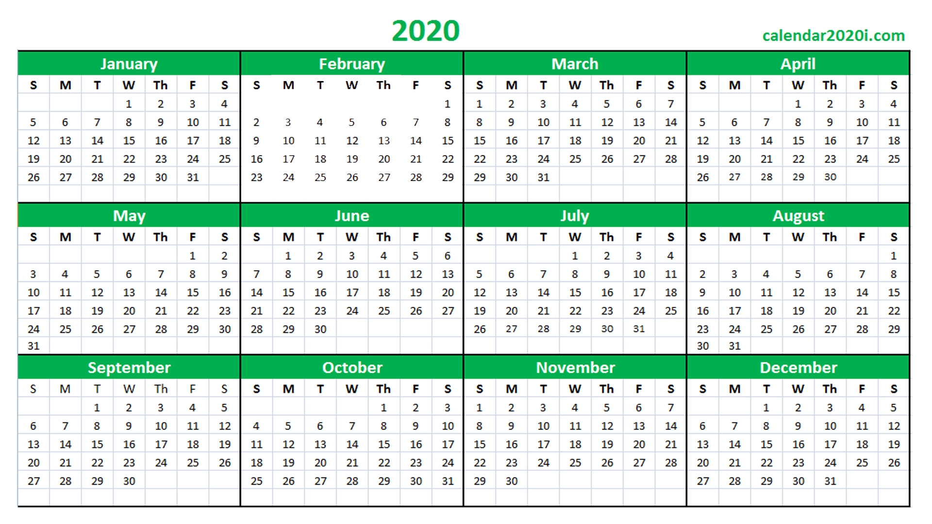 2020 Calendar Printable Template Holidays, Word, Excel, Pdf