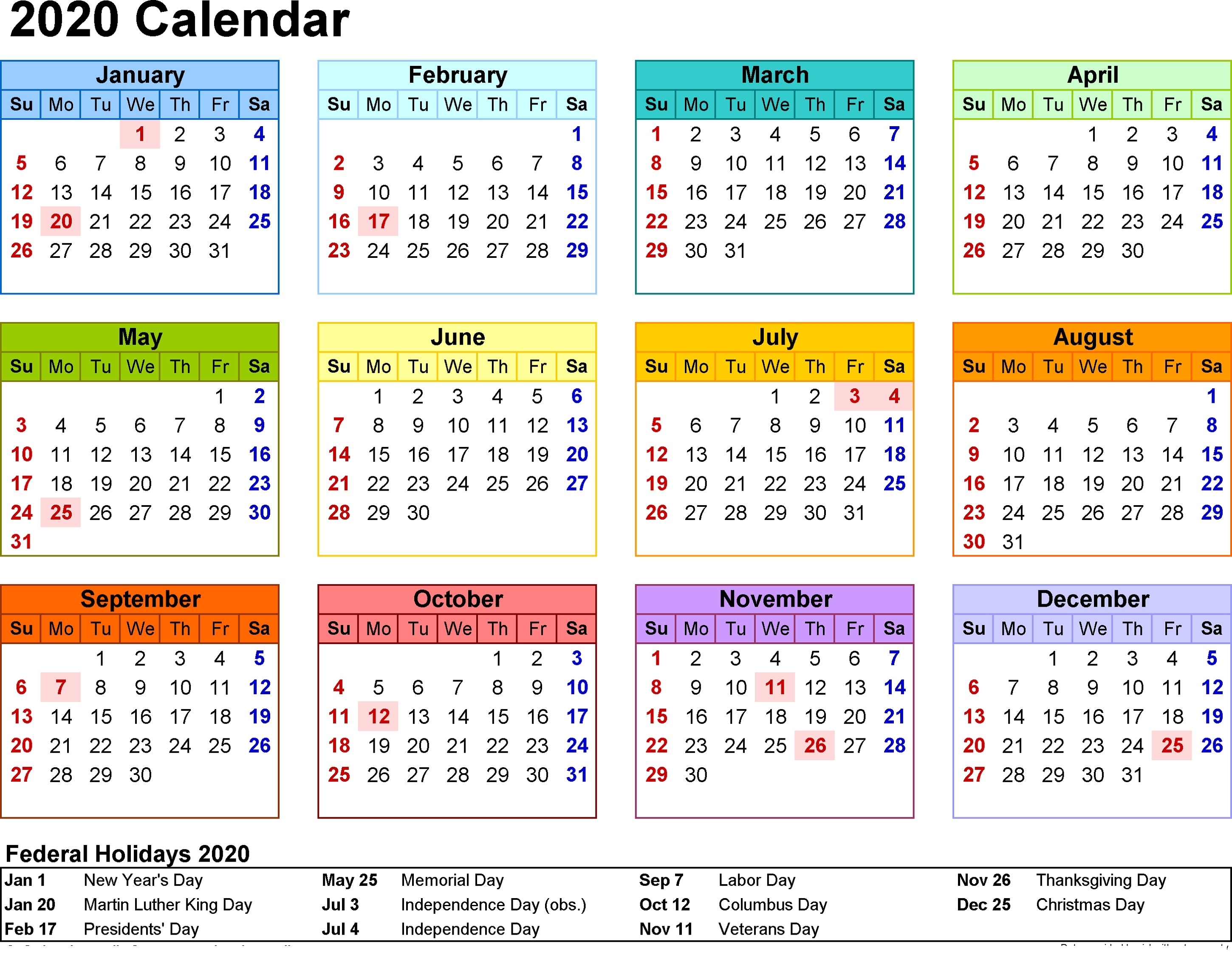 2020 Calendar Printable With Holidays And Notes | Calendar