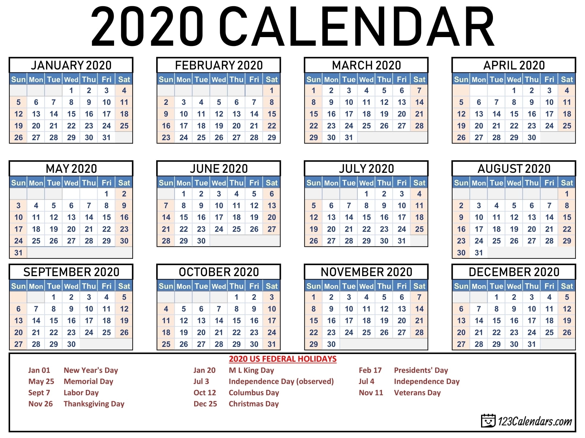 2020 Calendar Printable With Numbered Days | Monthly