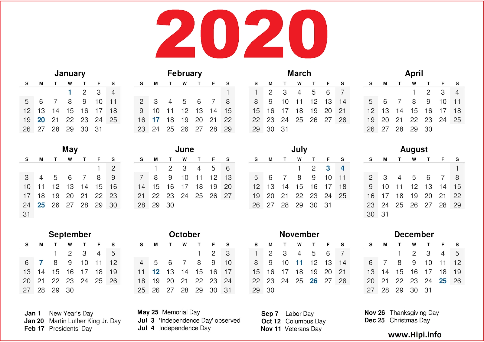 2020 Calendar Printable With Us Holidays - 2020 Calendar