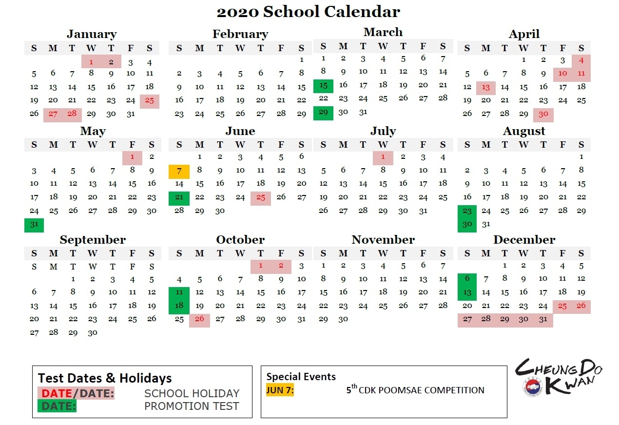 2020 Calendar Update – Cheung Do Kwan 跆拳道