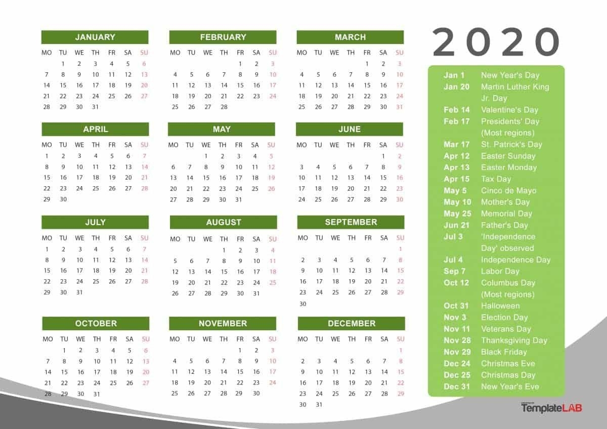 2020 Calendar With Holidays Printable (With Images