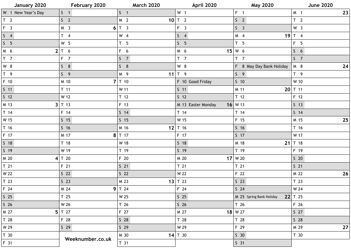 2020 Calendar With Week Numbers And Holidays For England