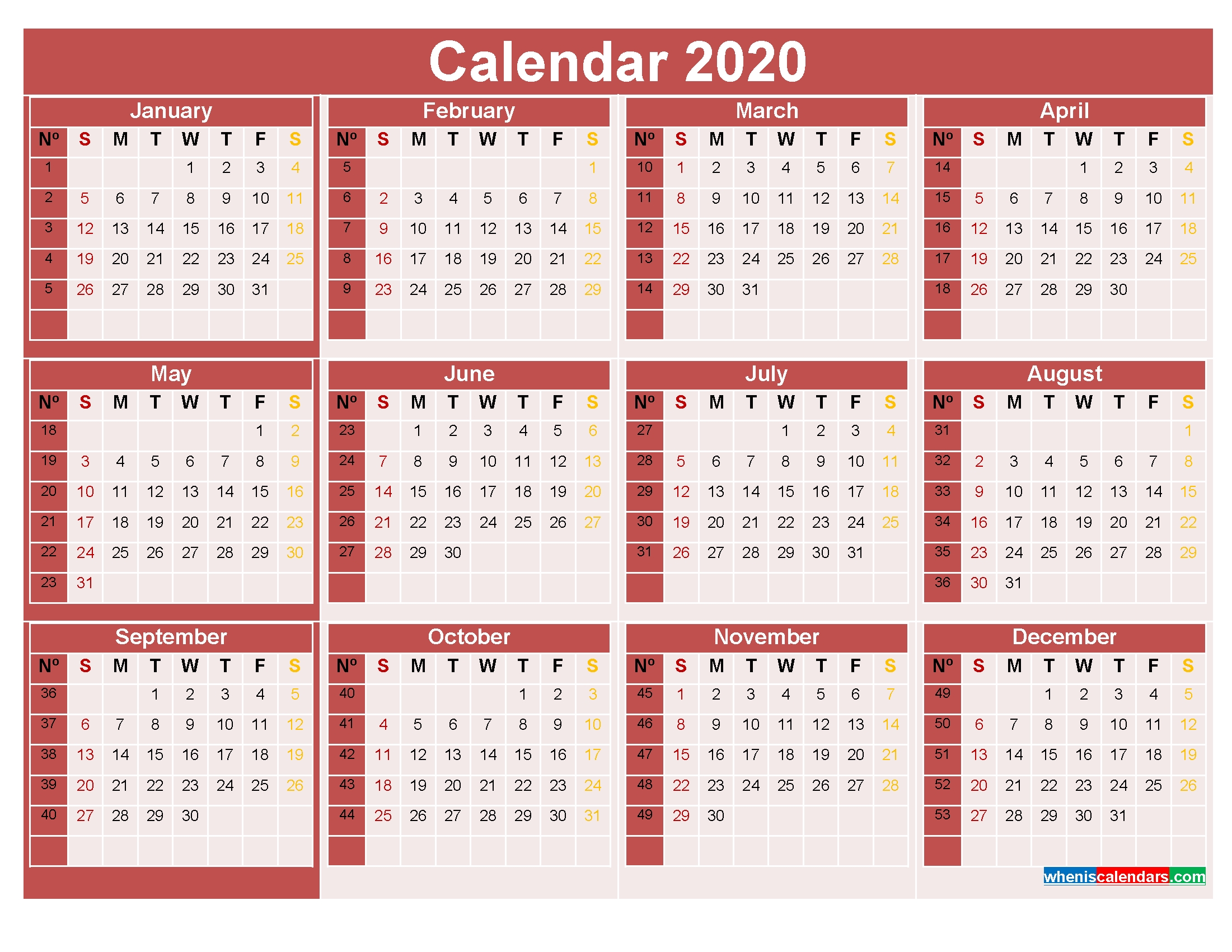 2020 Calendar With Week Numbers Printable Word, Pdf – Free