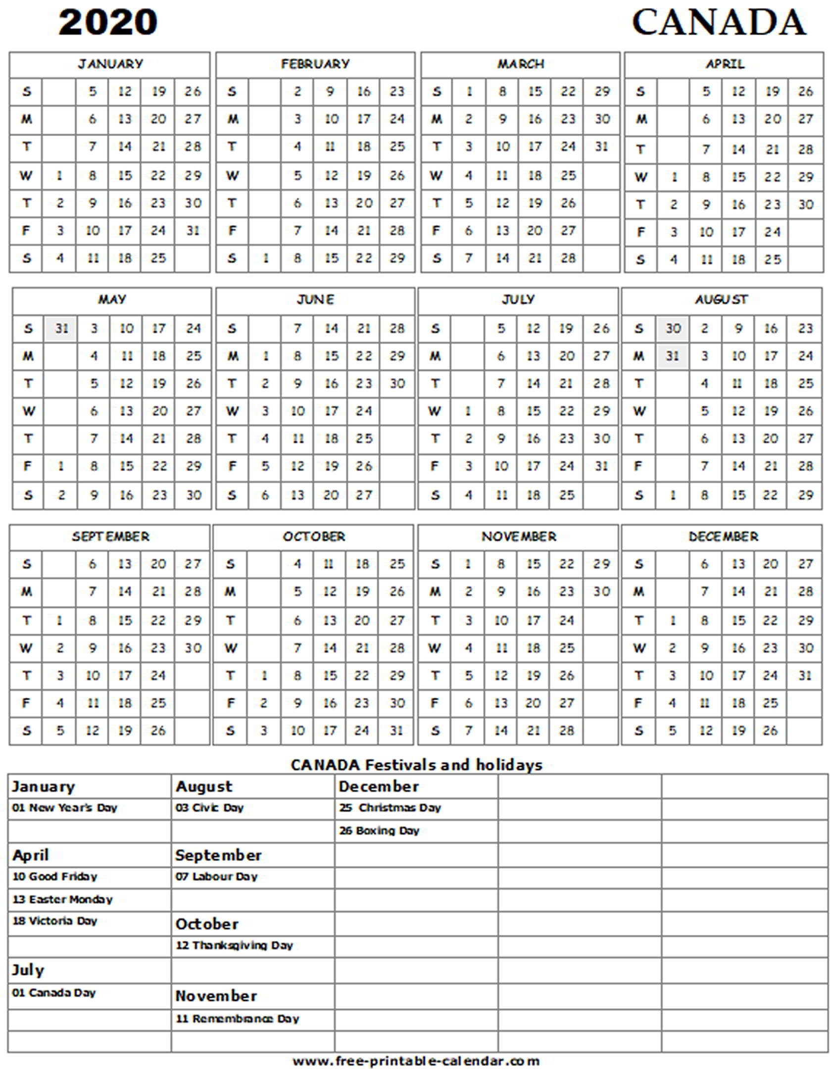 2020 Canada Holiday Calendar - Free-Printable-Calendar