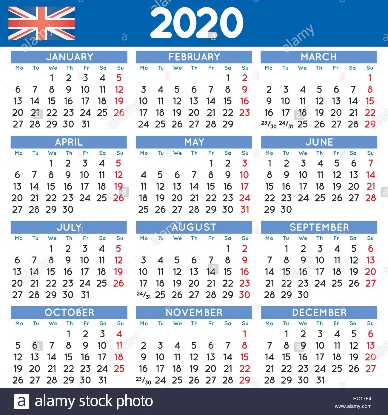 2020 Elegant Squared Calendar English Uk. Year 2020 Calendar