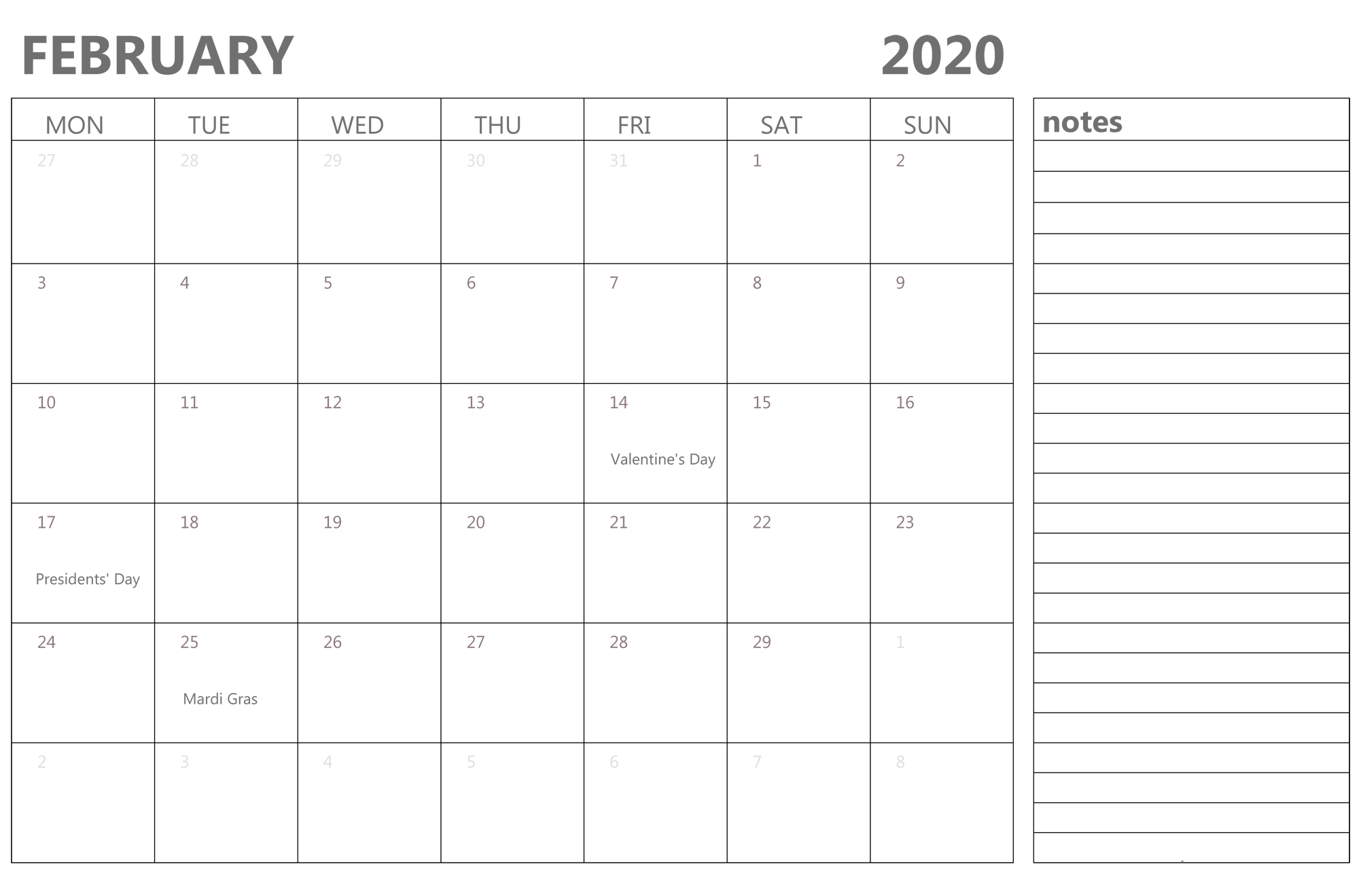 2020 February Calendar With Notes - 2019 Calendars For