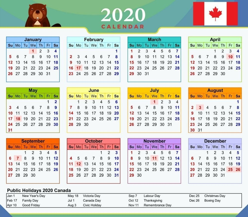2020 Magnetic Calendar Canada With Public Holidays