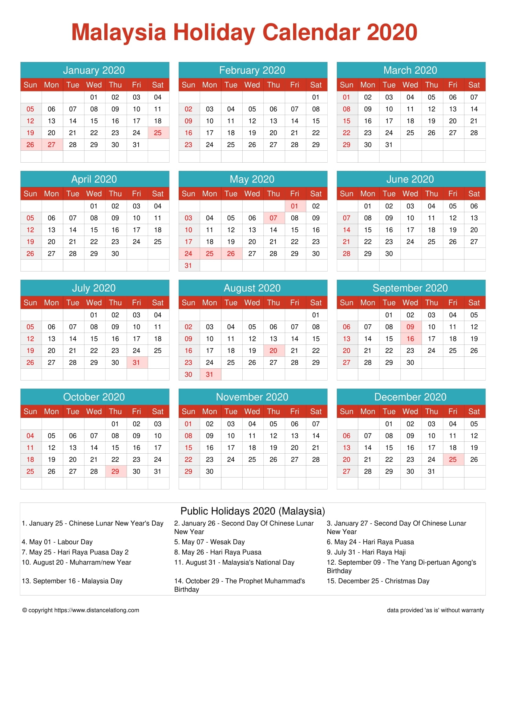 2020 Malaysia Holiday Calendar Malaysia Portrait Orientation