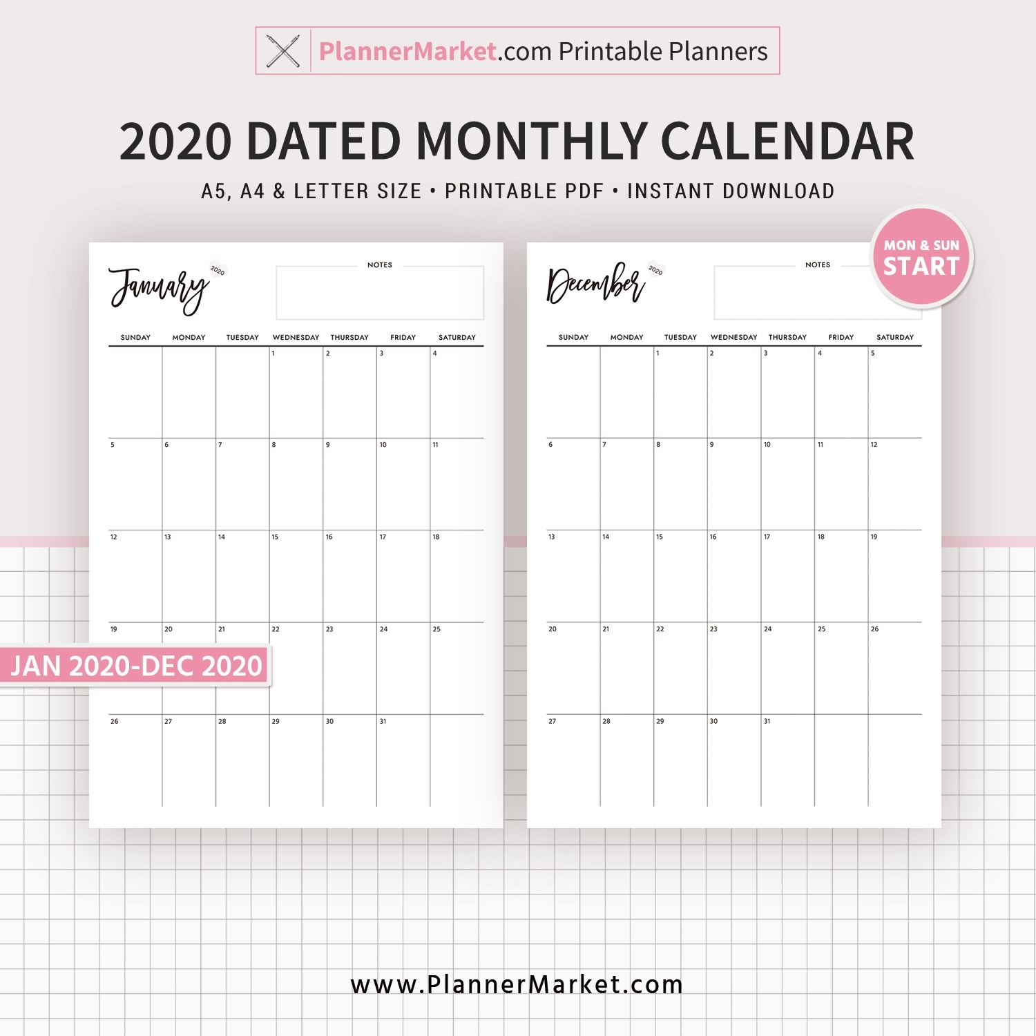 2020 Monthly Calendar, 12-Month Calendar, Printable Planner