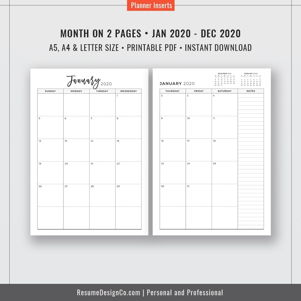 2020 Monthly Planner, 12-Month Calendar, A4, A5, Letter Size, Filofax A5,  Planner Design, Planner Refills, Planner Inserts, Planner Printable,  Instant