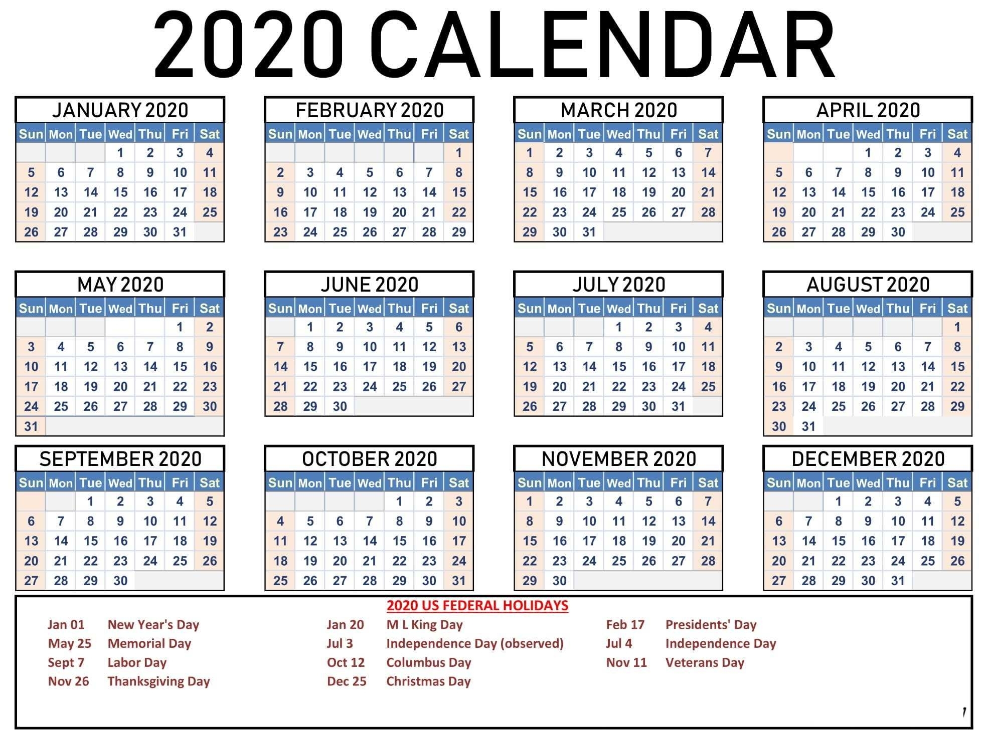 2020 One Page Calendar Printable Download In 2020 | Calendar