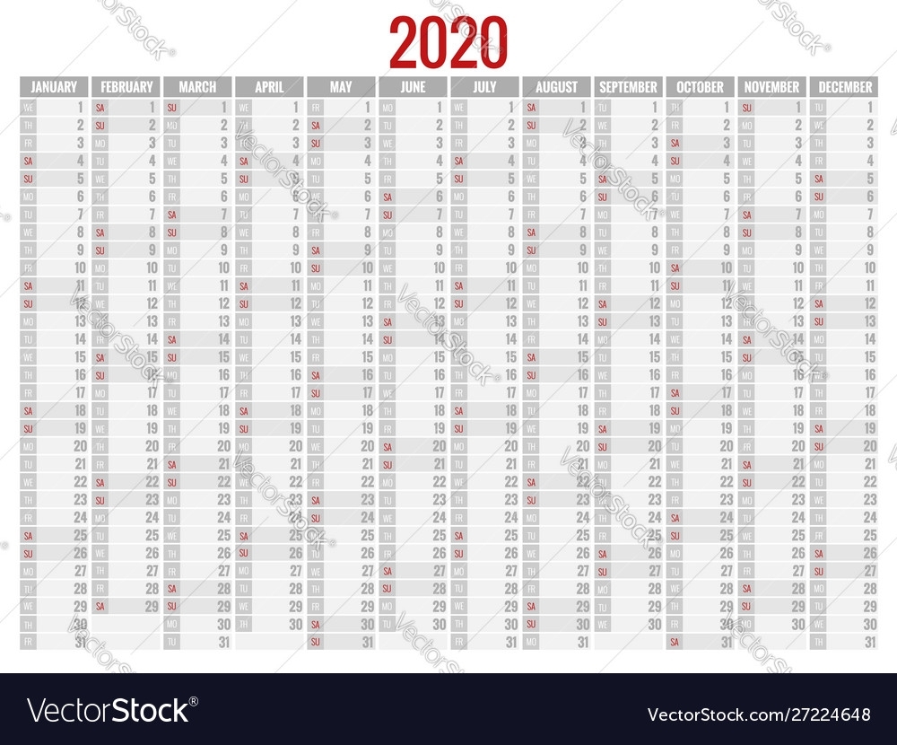 2020 Year Calendar Holiday Event Planner Week