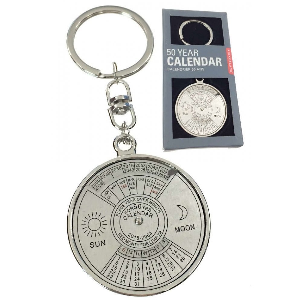 50 Year Calendar Keychain Silver Metal : Scientific Key Ring