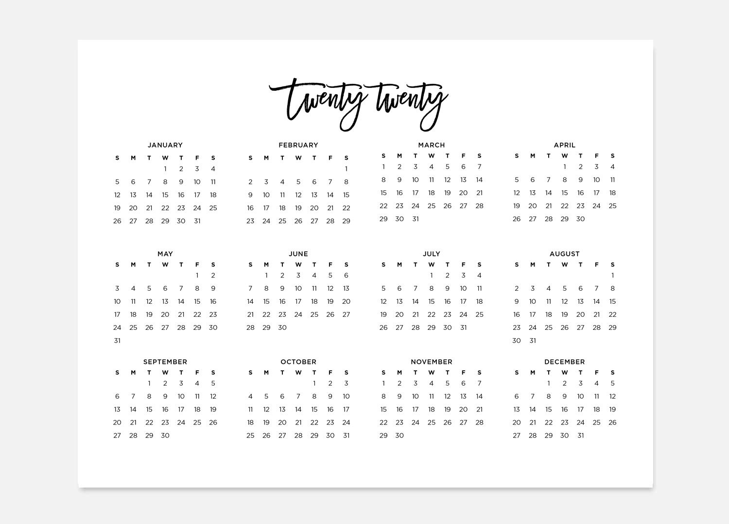 8.5X11 Printable 2020, Simple Calendar, 2020 Landscape Calendar, 2020  Calendar, 2020 Year Calendar, 2020 At A Glance Calendar, 2020 Planner