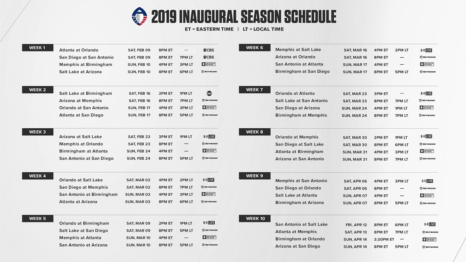 Aaf Football: 2019 Season Schedule For Alliance Of American