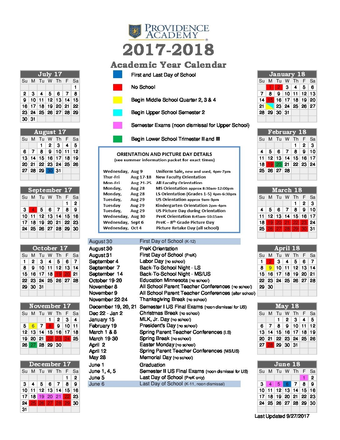 Academic Calendar - Providence Academy