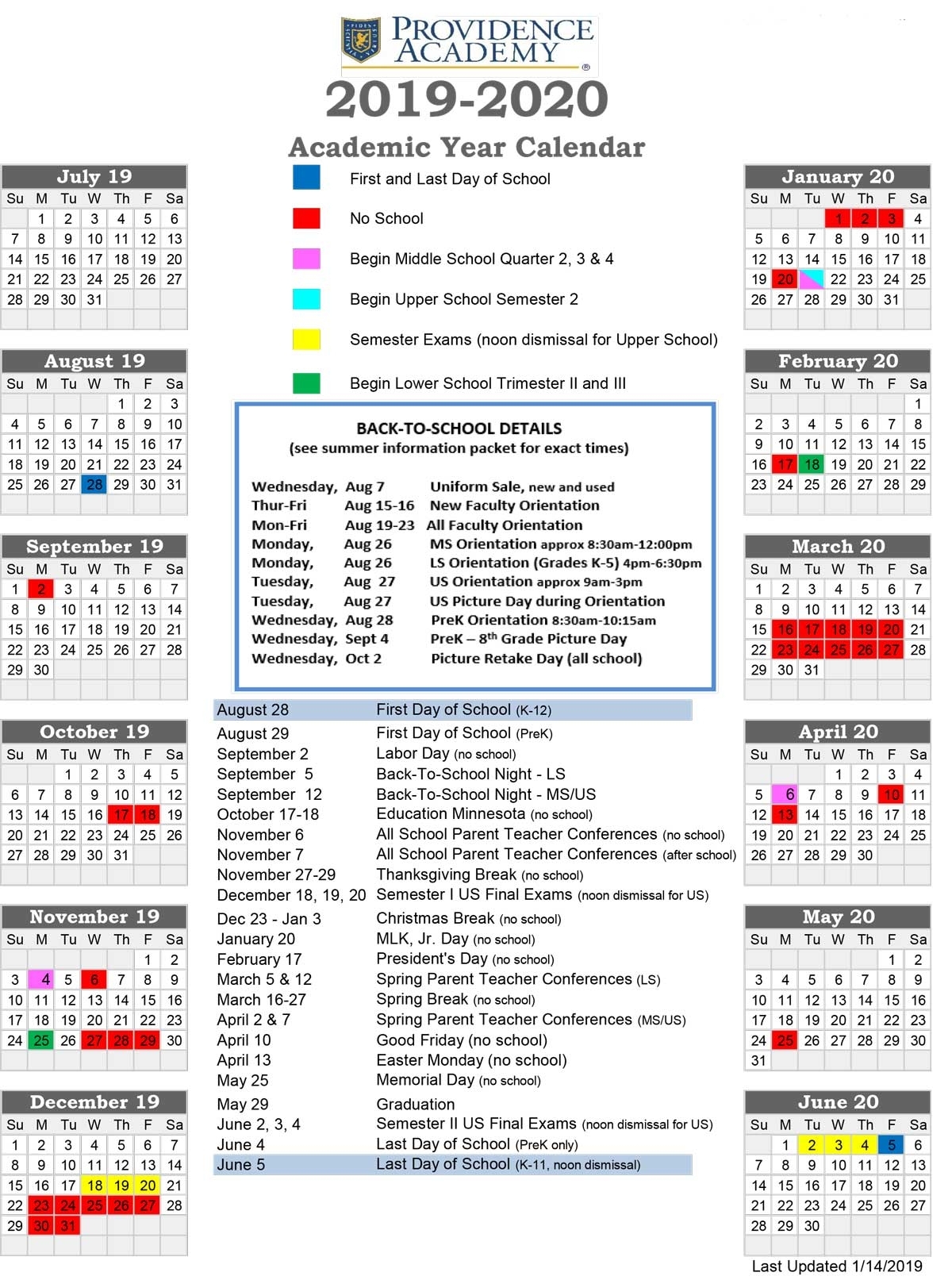 Academic Calendar - Providence Academy