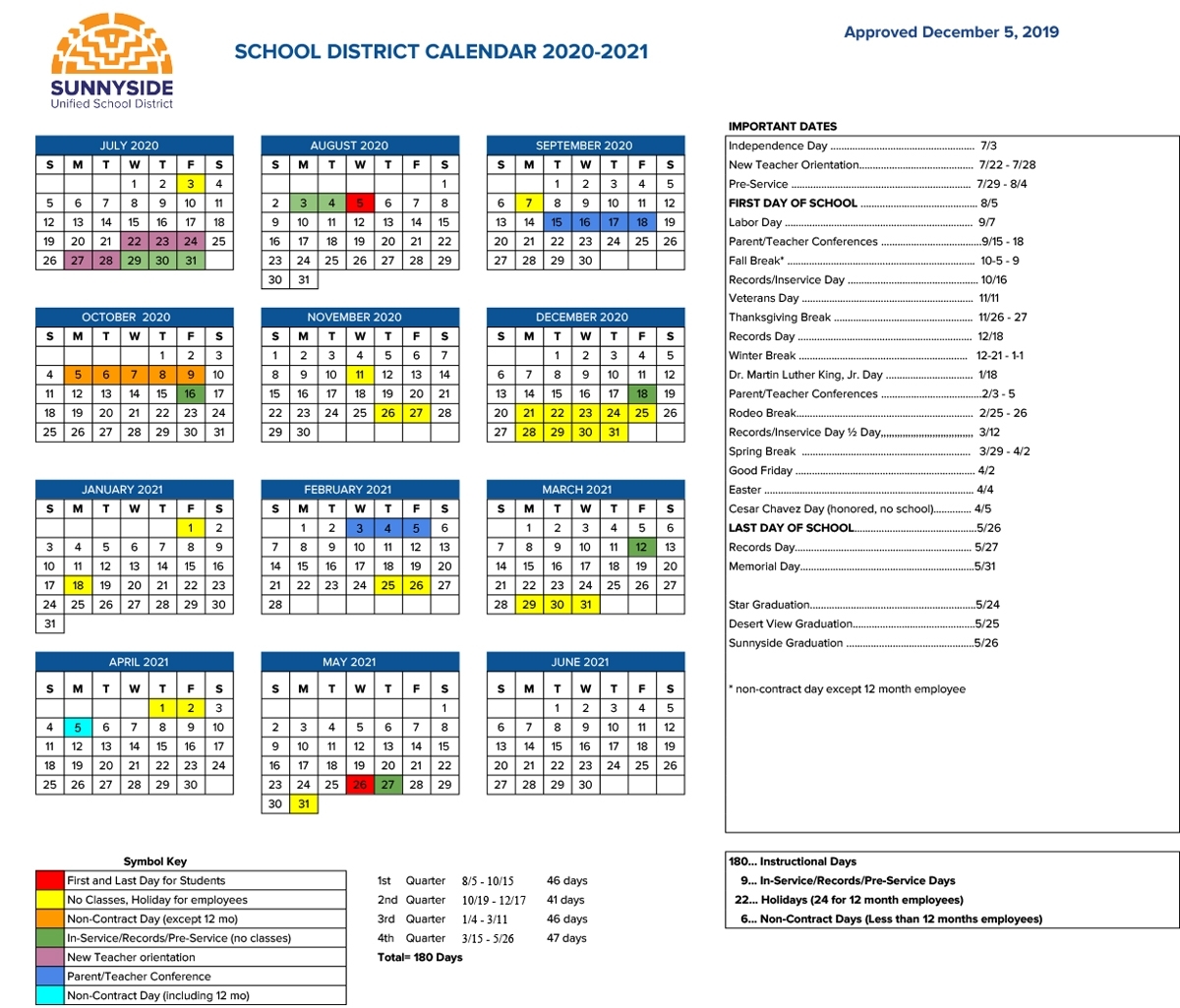 Academic Calendar | Sunnyside Unified School District