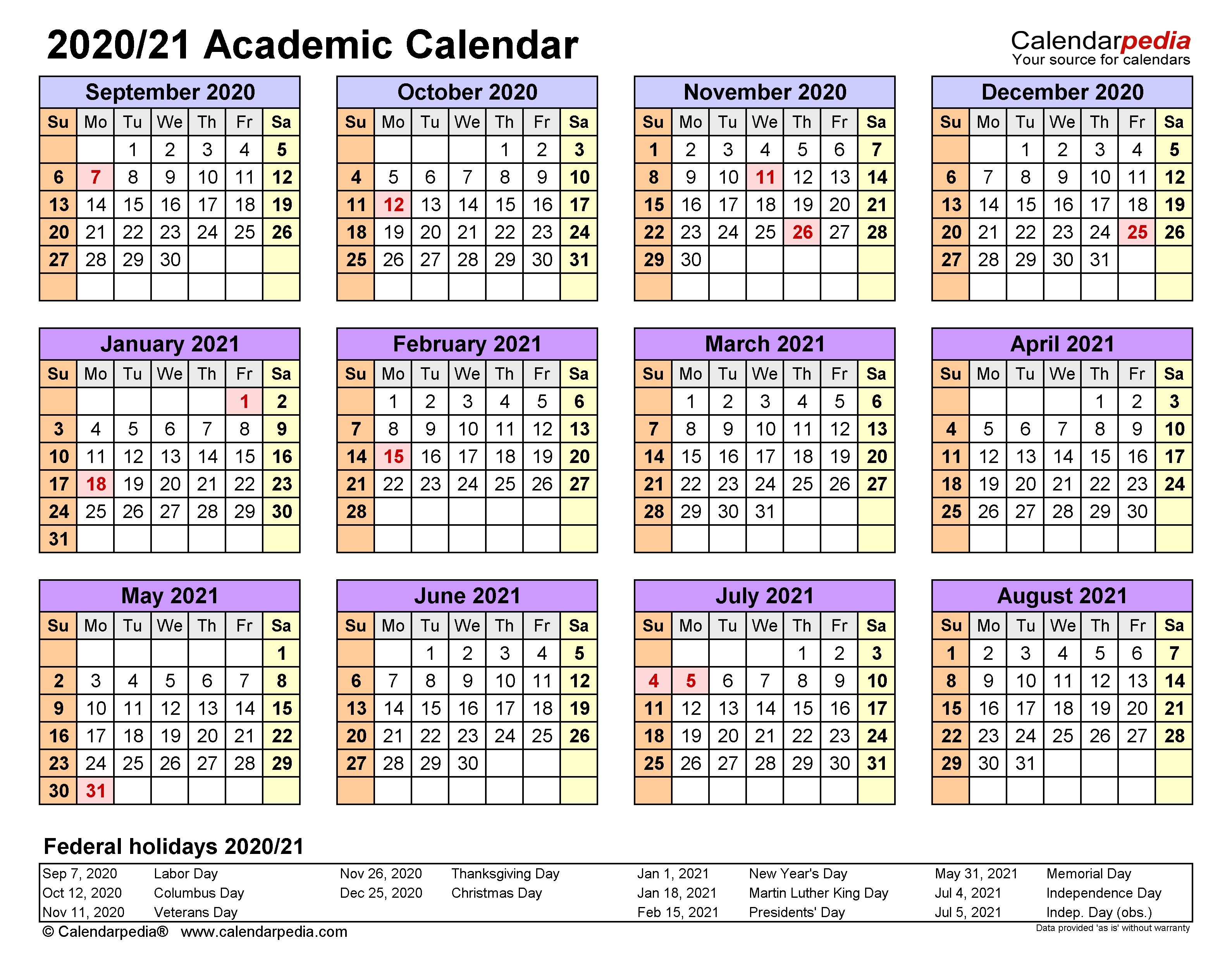 Academic Calendars 2020/2021 - Free Printable Excel Templates