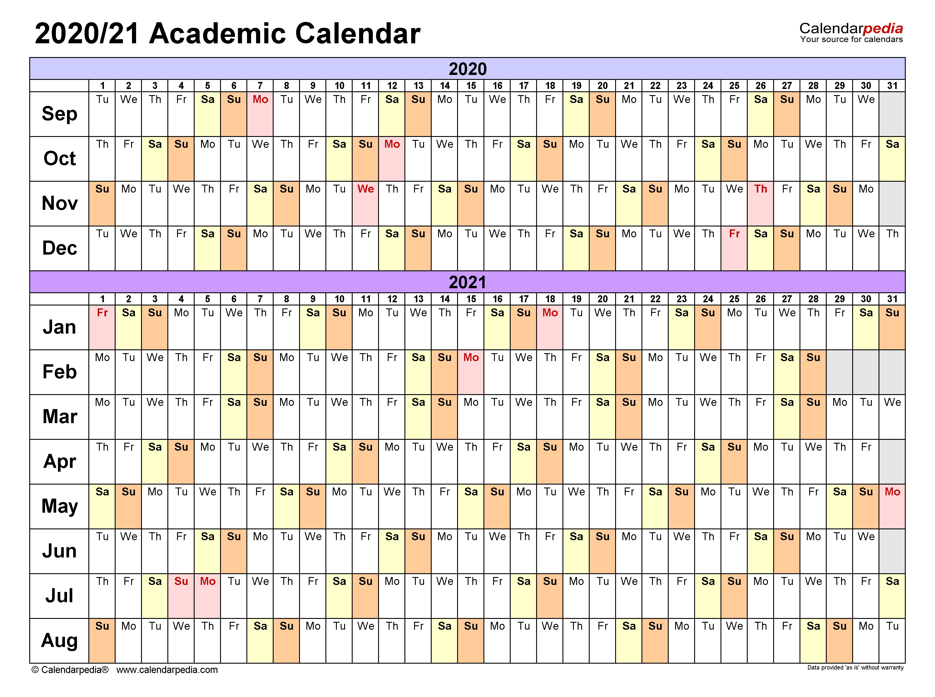 Academic Calendars 2020/2021 - Free Printable Excel Templates