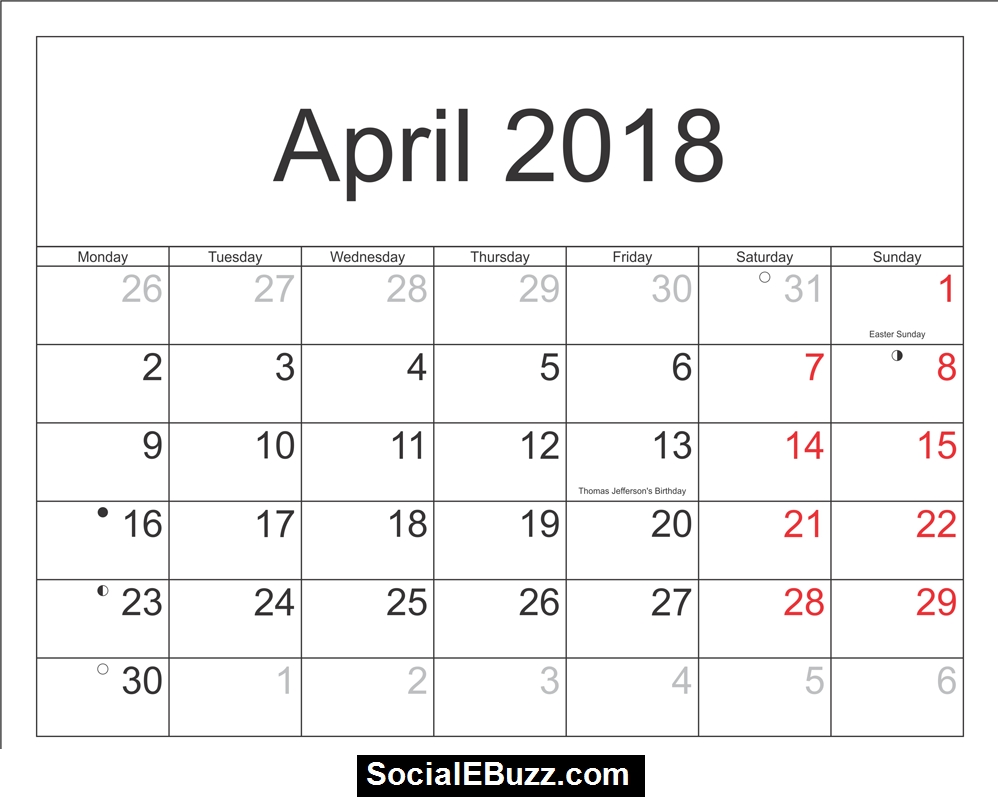 April 2018 Calendar Printable Template With Holidays Pdf Usa