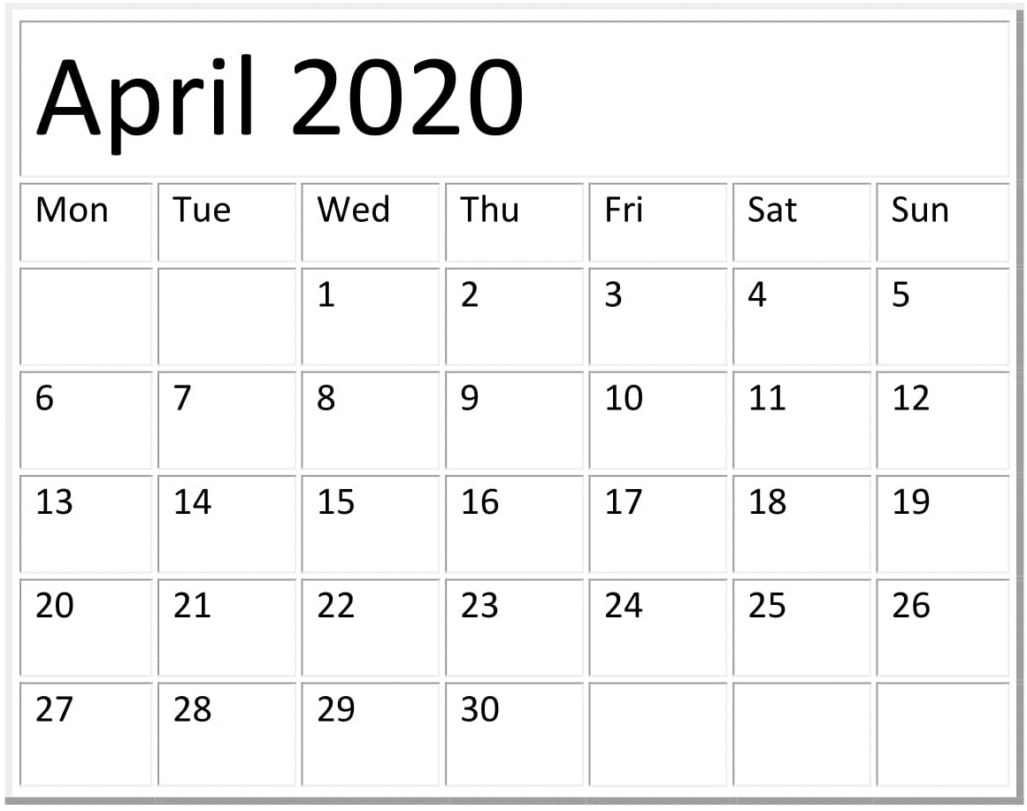 April 2020 Calendar Template Pages Free Download