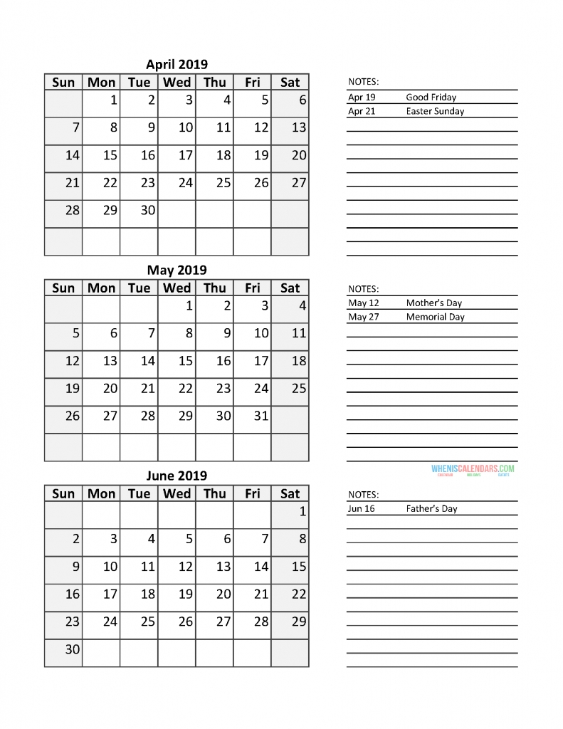 April May June 2019 Calendar Printable Template Pdf, Word