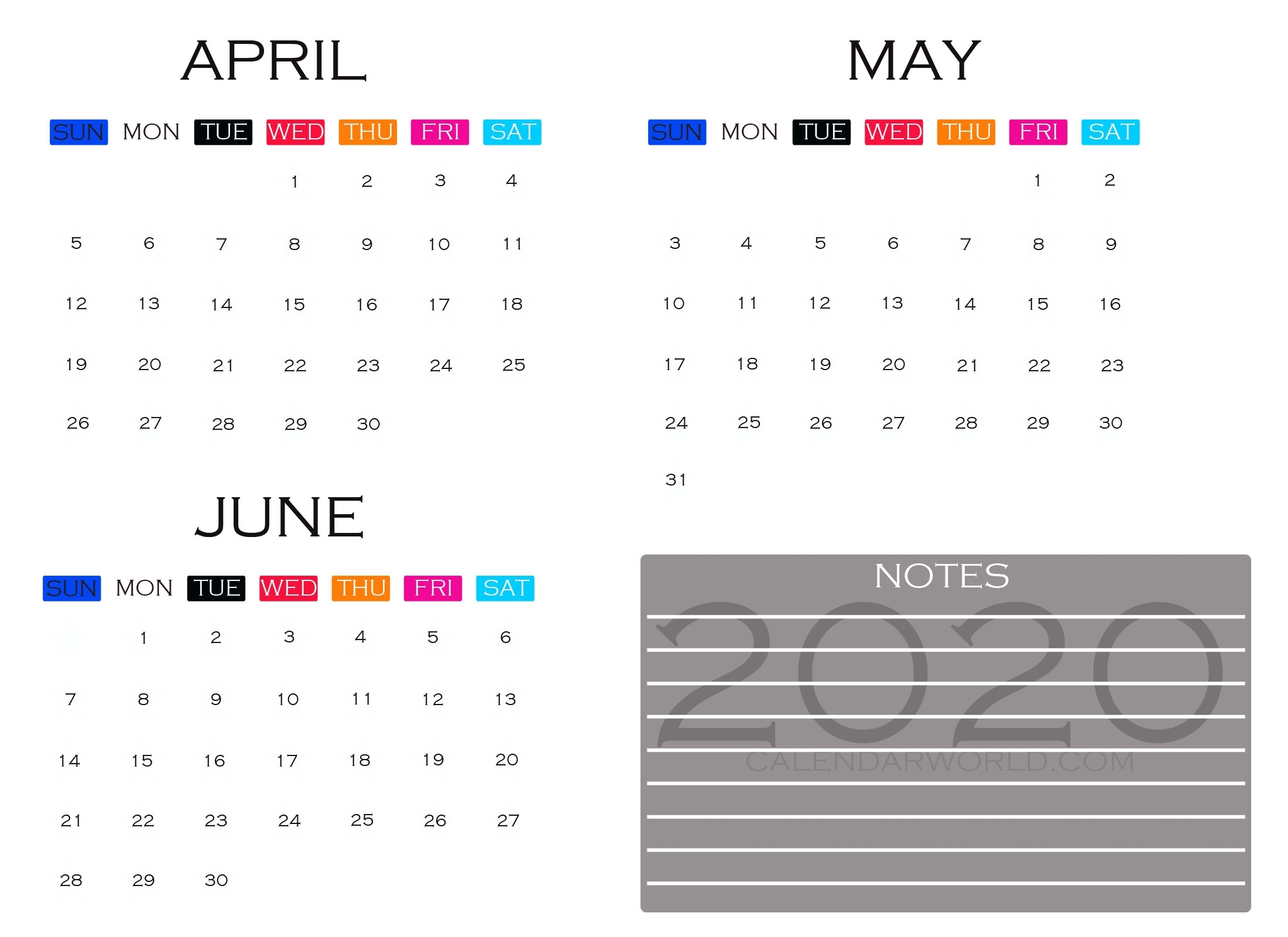 April- May- June 2020 Quarterly Calendar Printable Templates