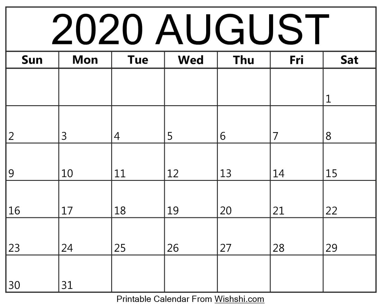 August 2020 Calendar Printable - Free Printable Calendars