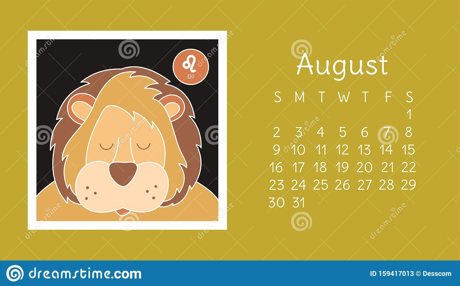 August 2020. Calendar. Zodiac Sign: Leo. Vector Horoscope