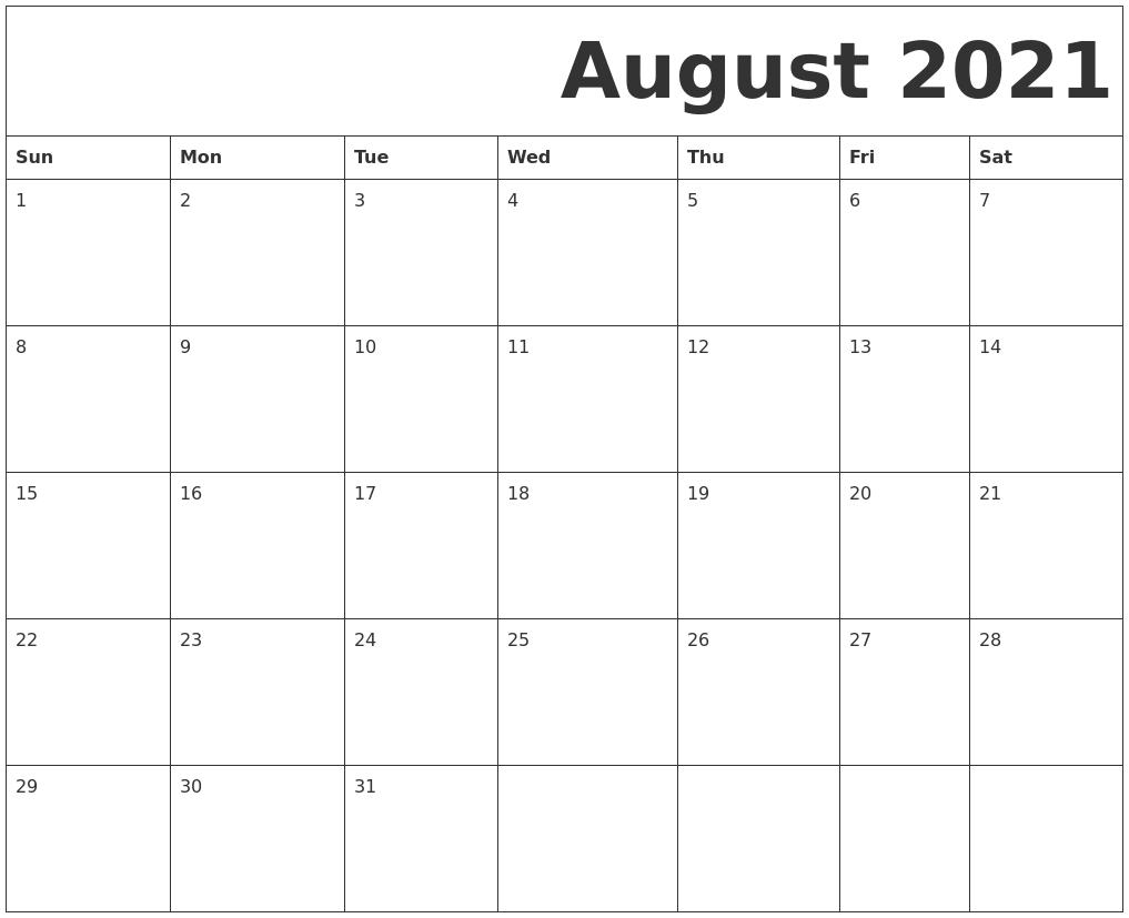 August 2021 Free Printable Calendar