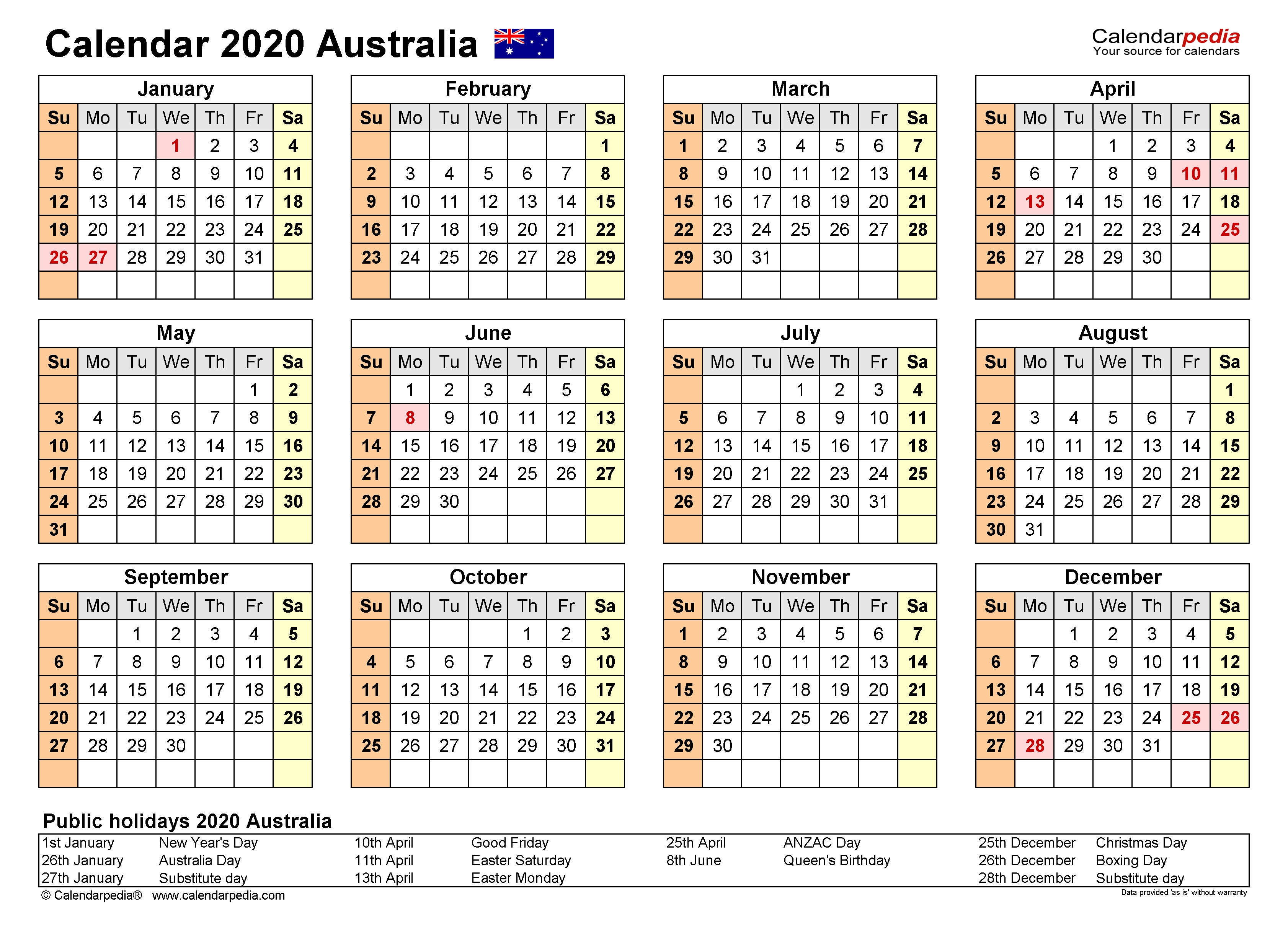 Australia Calendar 2020 - Free Printable Excel Templates